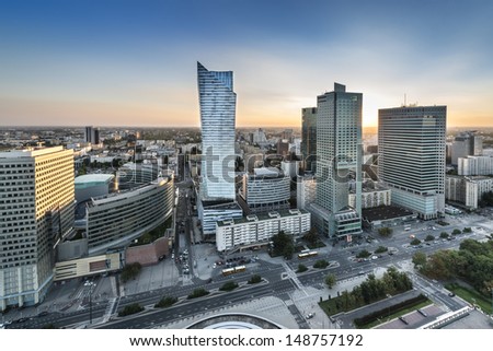 Sundown over Warszawa city, capital of Republic of Poland