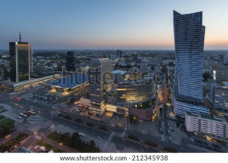 Panorama of Warsaw city center during sundown, Poland