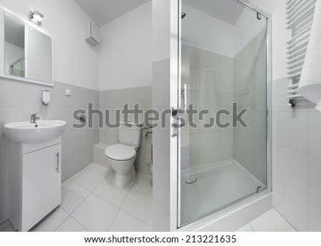 Panorama of small and compact bathroom in scandinavian style