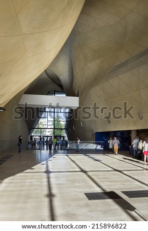 WARSAW, POLAND - SEPTEMBER 06, 2014: Modern hall in Museum of History of Polish Jews in Warsaw. Museum was built in years 2009-2013 and documents the millennial tradition of Jews in Poland.