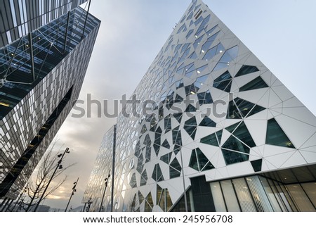 OSLO, NORWAY - DECEMBER 31, 2014: New apartment blocks called \'Barcode buildings\' in Oslo, Norway. The Barcode buildings are a redevelopment on former dock and industrial land in central Oslo.
