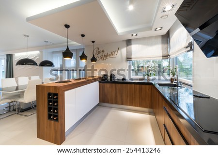 Modern kitchen interior design in black and white style