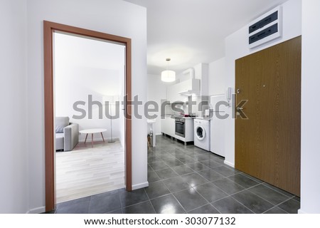 Small, white modern kitchen interior design in small apartment