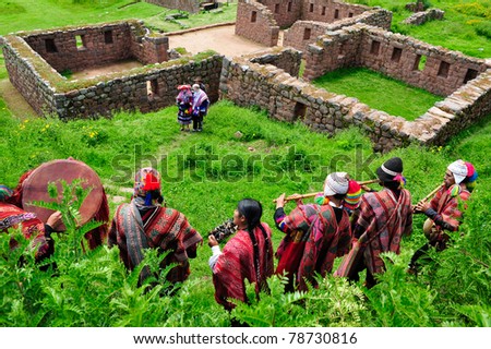 SACRED VALLEY, PERU - MARCH 09: Traditional peruvian wedding ceremony at Temple of Water ruins in Sacred Valley near Cuzco, Peru on March 09, 2010.