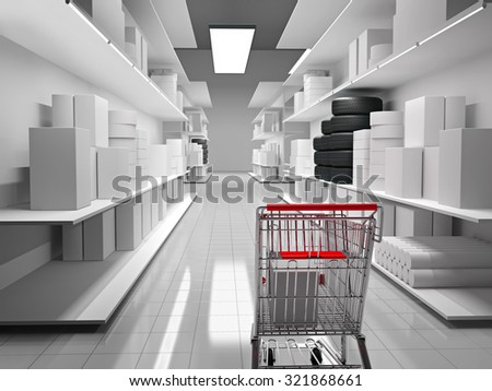 Shopping mall with products on shelves and shopping cart.\
3D generated image.
