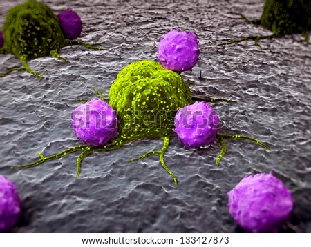 3d rendered illustration of leukocytes attacking a cancer cell