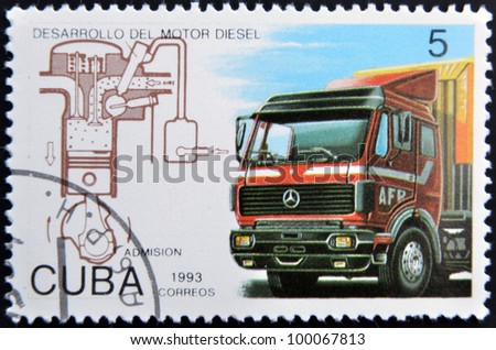 CUBA - CIRCA 1993: A stamp printed in Cuba dedicated to Diesel engine development, shows truck, circa 1993
