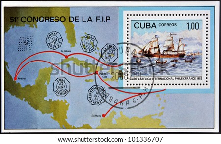 CUBA - CIRCA 1982: A stamp printed in Cuba shows a French sailboat and the map of Central America, circa 1982