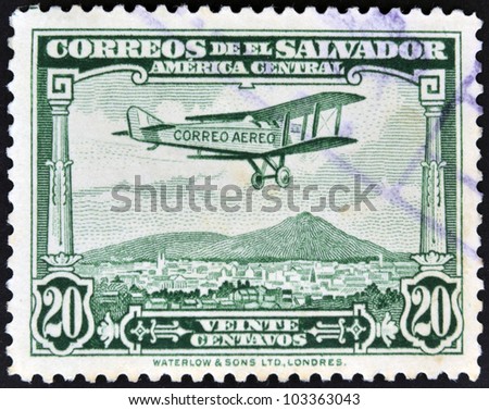 EL SALVADOR - CIRCA 1940: A stamp printed in el Salvador shows plane flying over El Salvador, circa 1940