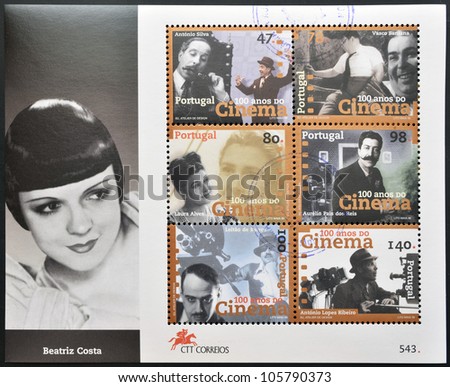 PORTUGAL - CIRCA 1996: A stamp printed in Portugal shows a set of pictures of actors to commemorate the centenary of cinema in Portugal, circa 1996