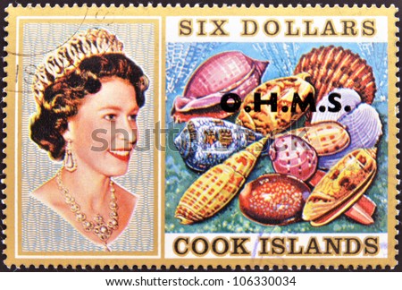 COOK ISLANDS - CIRCA 1974: Stamp printed in Cook Islands shows Portrait of Queen Elizabeth II, with collection of shells, circa 1974