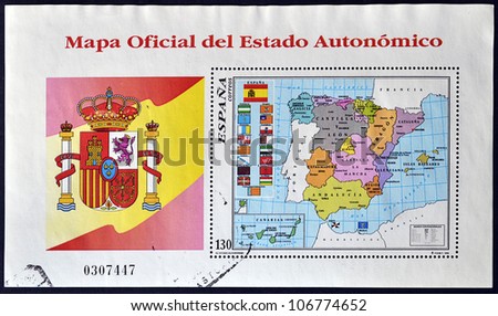 SPAIN - CIRCA 1996: A stamp printed in Spain shows the official map of Spain with the Autonomous Communities, circa 1996