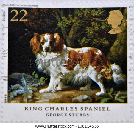 UNITED KINGDOM - CIRCA 1991: A stamp printed in  Great Britain shows King Charles Spaniel, painting by George Stubbs, circa 1991