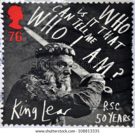 UNITED KINGDOM - CIRCA 2011: a stamp printed in Great Britain shows a scene of the movie King Lear, in his 50 years in the story written by William Shakespeare, circa 2011