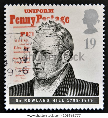 UNITED KINGDOM - CIRCA 1995: mail stamp printed in Great Britain commemorating the work of postage pioneer Sir Rowland Hill, circa 1995