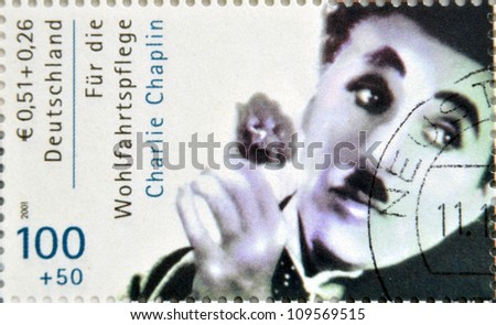 GERMANY CIRCA 2001 stamp printed in Germany showing actor Charles Chaplin circa 2005 GERMANY CIRCA 2001 stamp printed in Germany showing actor Charles Chaplin circa 2005