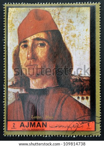 AJMAN - CIRCA 1972: A stamp printed in Ajman  Christmas collection, peace in the world, shows a portrait of man with red cap work of Lotto , circa 1972
