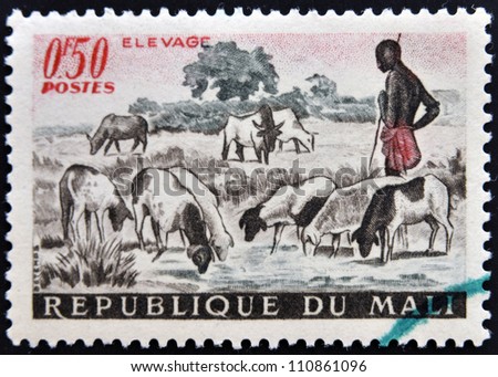 MALI - CIRCA 1961: A stamp printed in Mali shows Shepherd and Sheep, circa 1961