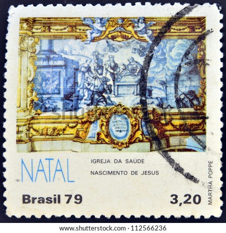 BRAZIL - CIRCA 1979: A stamp printed in Brazil shows tile with the birth of Jesus in the Church Health, circa 1979