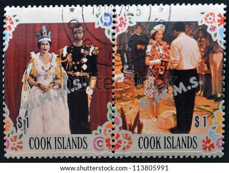 COOK ISLANDS - CIRCA 1977: Collection stamps printed in cook island shows two portraits of Queen Elizabeth II for his Silver Jubilee, circa 1977