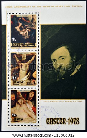 COOK ISLANDS - CIRCA 1978: Collection stamps printed in cook island shows Three Easter themed paintings by Rubens, circa 1978