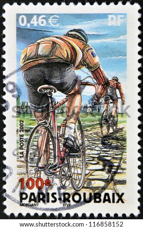FRANCE - CIRCA 2002: stamp printed in France shows Paris-Roubaix Bicycle Race, circa 2002