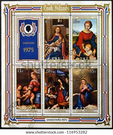 COOK ISLANDS - CIRCA 1975: Stamps printed in Cook Islands shows different images of the Virgin Mary and baby Jesus, circa 1975