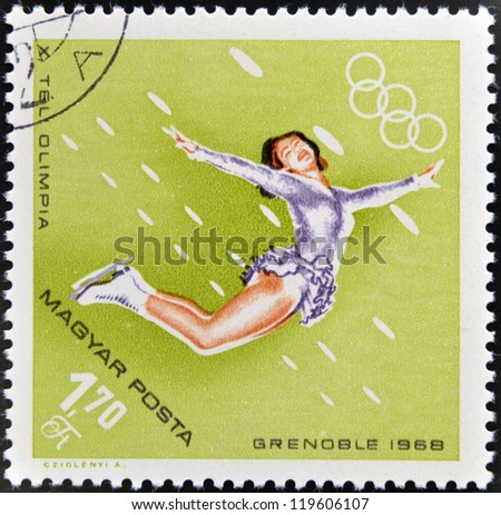 HUNGARY - CIRCA 1968: A stamps printed in Hungary showing an athlete in figure skating,Winter Olympic sports in Grenoble 1968, circa 1968