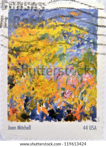 UNITED STATES OF AMERICA - CIRCA 2010: A stamp printed in USA shows a painting by Joan Mitchell, From the Abstract Expressionists Stamp Collection, circa 2010