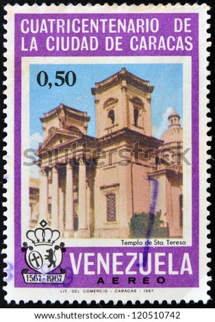 VENEZUELA - CIRCA 1967: A stamp printed in Venezuela shows Temple of Santa Teresa in Caracas, circa 1967