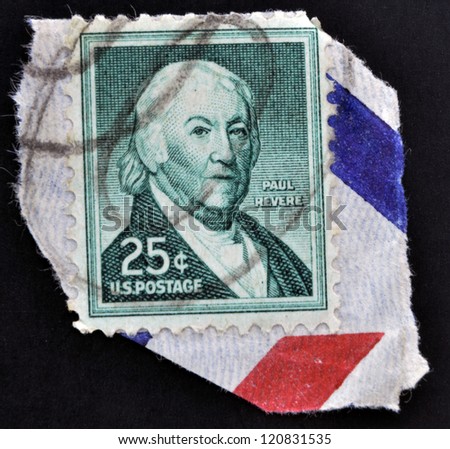 UNITED STATES OF AMERICA - CIRCA 1954: A stamp printed in USA shows Paul Revere, American silversmith, industrialist, patriot in the American Revolution, circa 1954