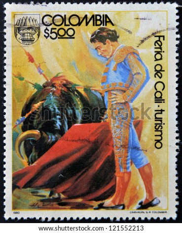 COLOMBIA - CIRCA 1980: A stamp printed in Colombia dedicated to Cali Fair - tourism, shows bullfight, circa 1980