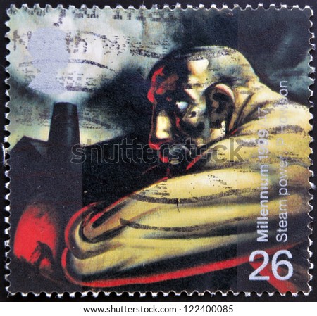 UNITED KINGDOM - CIRCA 1999: A stamp printed in Great Britain shows Industrial Worker and Blast Furnace (James Watt\'s discovery of steam power), circa 1999
