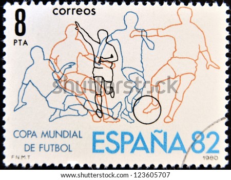 SPAIN - CIRCA 1980: Stamp printed in Spain dedicated to Football World Cup in Spain 1982, circa 1980