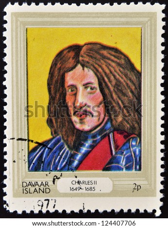 DAVAAR ISLAND - CIRCA 1977: A stamp printed in Davaar Island dedicated to the kings and queens of Britain, shows King Charles II (1649 - 1685), circa 1977