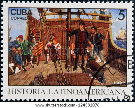 CUBA - CIRCA 1992: A stamp printed in cuba dedicated to Latin American history, shows Columbus Land sighted Oct. 12, 1942, circa 1992