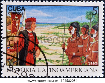 CUBA - CIRCA 1992: A stamp printed in cuba dedicated to Latin American history, shows Columbus Meeting natives, circa 1992