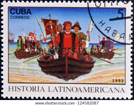 CUBA - CIRCA 1992: A stamp printed in cuba dedicated to Latin American history, shows Columbus landing in New World, circa 1992