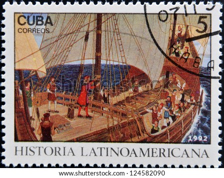 CUBA - CIRCA 1992: A stamp printed in cuba dedicated to Latin American history, shows Columbus speaking to crew, circa 1992