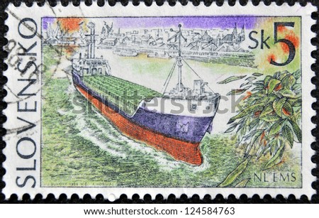 SLOVAKIA - CIRCA 1994: A stamp printed in Slovakia shows merchant ship, circa 1994