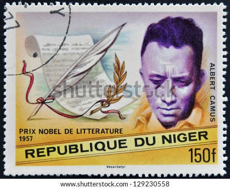 NIGER - CIRCA 1977: A stamp printed in Niger shows Nobel Prize in Literature, Albert Camus, circa 1977