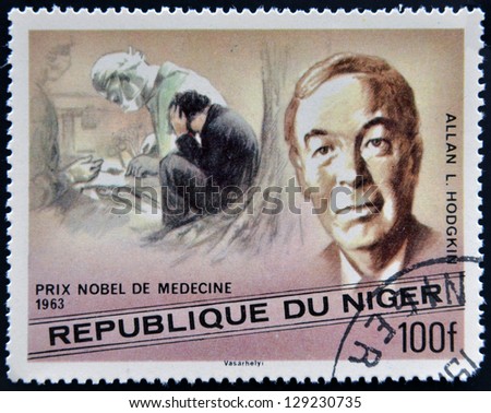 NIGER - CIRCA 1977: A stamp printed in Niger shows Nobel Prize in Medicine, Alan L. Hodgkin, circa 1977