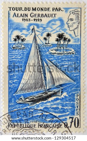 FRANCE - CIRCA 1970: Stamp printed in France dedicated to Alain Gerbault, who made a circumnavigation of the world as a single-handed sailor, circa 1970