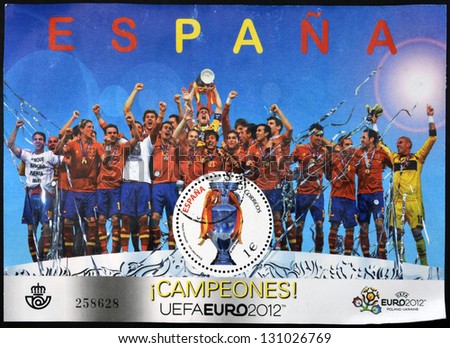 SPAIN - CIRCA 2012: A stamp printed in Spain shows the Spanish football champions of Europe, circa 2012