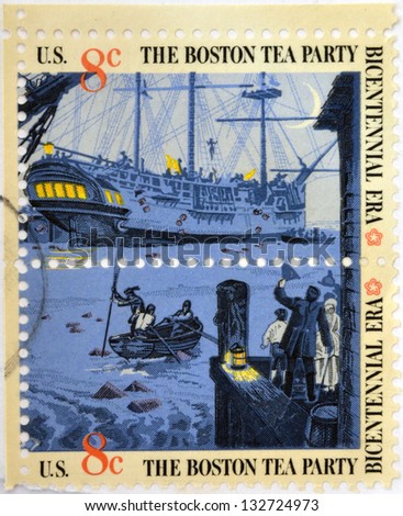 UNITED STATES OF AMERICA - CIRCA 1976: stamp printed in USA to commemorate the Boston Tea Party as part of the Bicentennial celebration in the United States, circa 1976