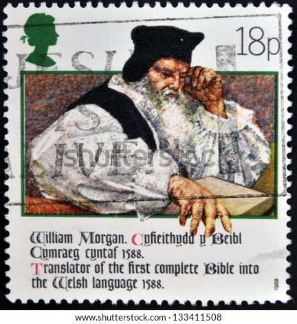 GERMANY - CIRCA 1988: Stamp printed in Germany shows William Morgan, translator of the first complete Bible into the Welsh language 1588, circa 1988