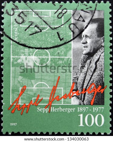 GERMANY - CIRCA 1997: A stamp printed in Germany shows Sepp Herberger- German football player and manager, circa 1997