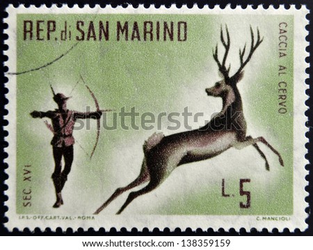 SAN MARINO - CIRCA 1961: A stamp printed in San Marino dedicated to hunting, shows Archery deer hunting, circa 1961