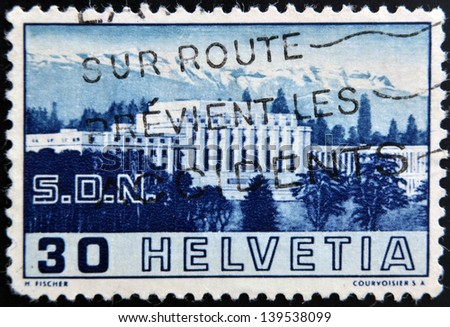 SWITZERLAND - CIRCA 1938: a stamp printed in Switzerland shows Palace of League of Nations, Geneva, circa 1938