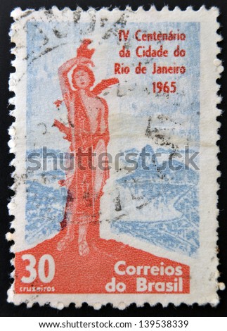 BRAZIL - CIRCA 1965: Stamp printed in Brazil dedicated to Centenary of the City of Rio de Janeiro, shows statue of St. Sebastian, patron saint of Rio de Janeiro, on the square Luis Camoes, circa 1965